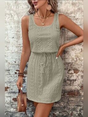 Sleeveless Crochet-Textured Drawstring Mini Dress in Sage